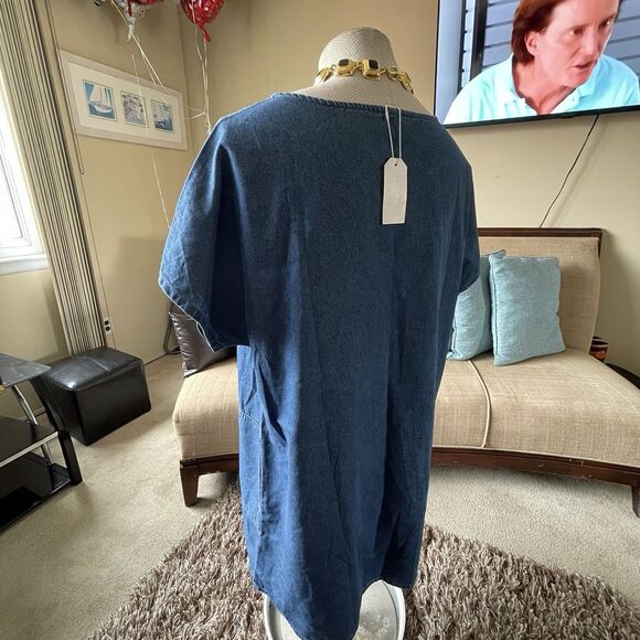 Women's XXL Denim Midi Dress Modest Country Western Short Sleeve Pockets Boho - Picture 9 of 12